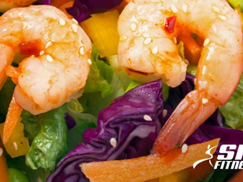 Chopped Asian Salad with Candy Chili Glazed Shrimp