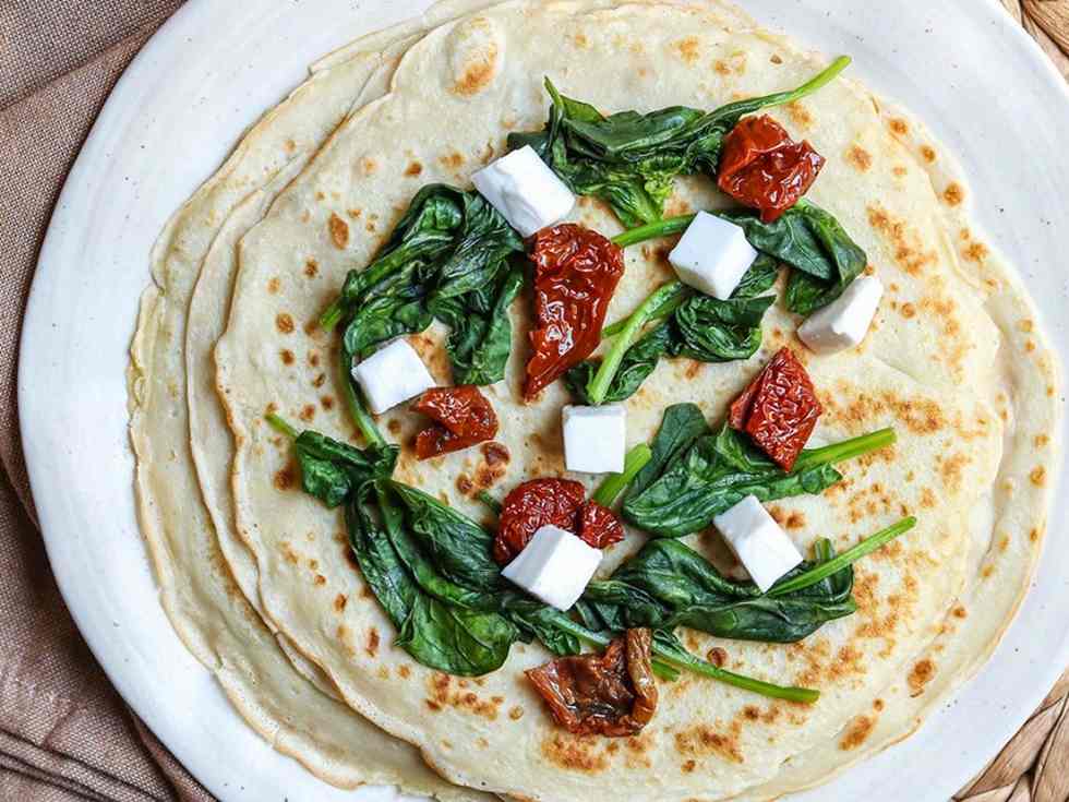 Spinach, Tomato and Feta Stuffed Crepes